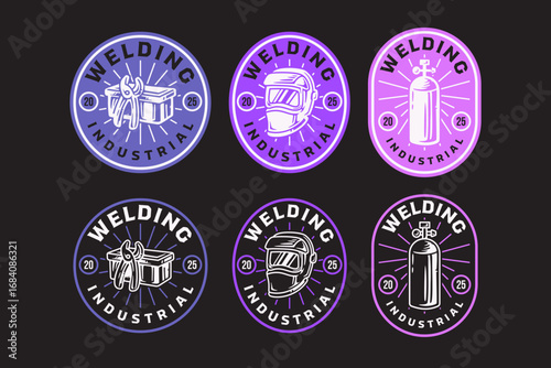 Welder helmet, Gas cylinder tank and Toolbox with pliers retro badge logo vector design collection set for welder, industrial, workshop, garage, factory, worker, tool, gear, service and repair