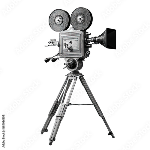 Vintage film camera on tripod, metallic gray, detailed