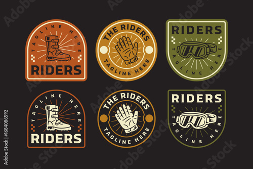 Motocross riders badge logo set with boots, gloves, goggles. Vintage off road riders emblem logo design featuring motocross protective gear for extreme sports. Vector Illustration