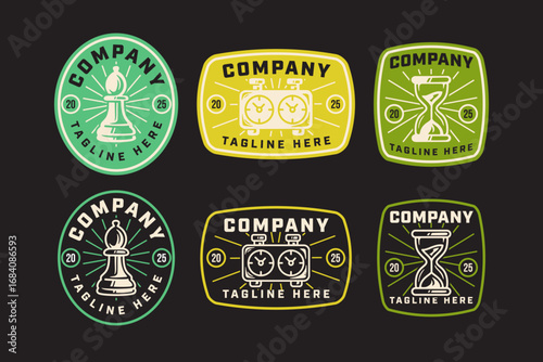 Bishop chees, clock, hourglass retro badge logo design set. Vintage emblem set for chess timing and strategy themes. Chess insignia pack with bishop, chess clock, sand timer for game and tournament
