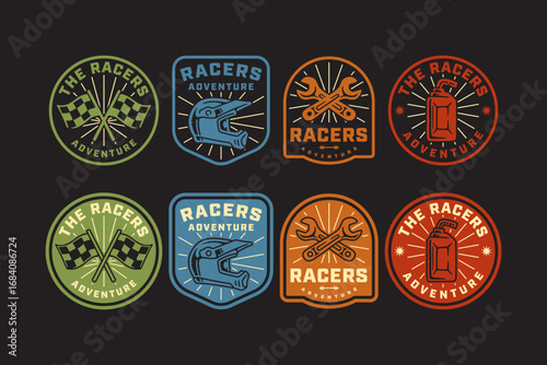 Racing flags crossed, helmet, wrench crossed, fuel tank retro badge logo design set. Vintage racers adventure label patch design collection with checkered flag, racing helmet, wrench, fuel jerrycan
