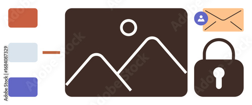 Landscape image icon, secure padlock, email envelope with user profile badge, and color palette. Ideal for privacy, data protection, file sharing, email security, user authentication digital assets