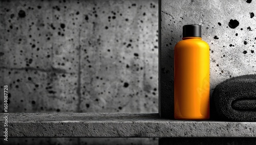 Orange bottle, dark towel on shelf