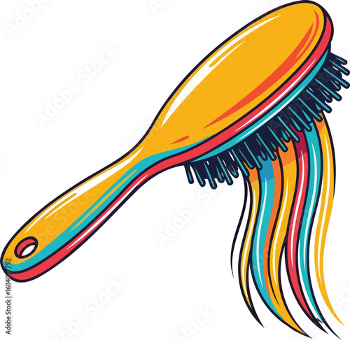 colorful paddle hairbrush and vibrant rainbow hair strands illustration
