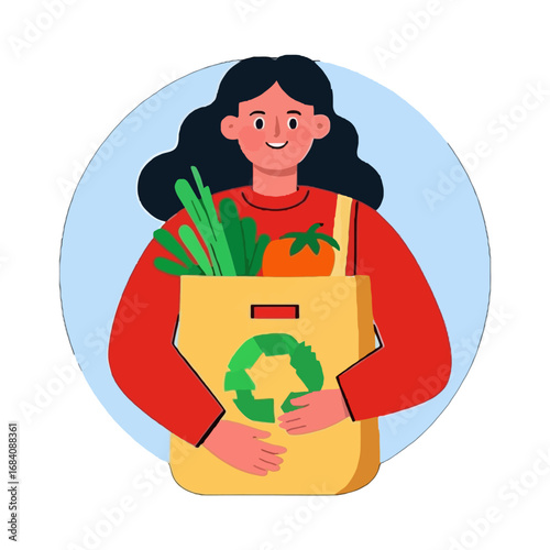 Vector art of woman holding a reusable shopping bag filled with fresh vegetables and fruits, promoting ecofriendly shopping and healthy lifestyle choices