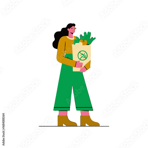 Vector art of woman carrying a grocery bag full of fresh vegetables and fruits