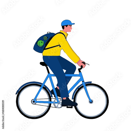 Vector art of man wearing a yellow shirt and blue pants riding a bicycle with a backpack