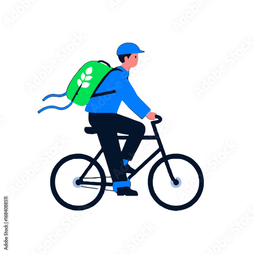 Vector art of man riding a bicycle with a green backpack