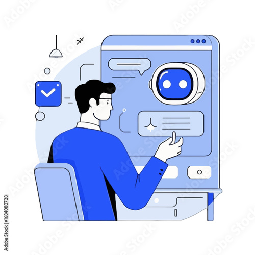 Vector art of man interacting with chatbot interface on computer screen, representing artificial intelligence and customer service technology