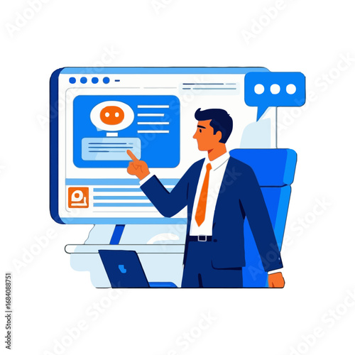 Vector art of man in suit interacting with a computer screen displaying a chatbot interface, symbolizing customer service and digital communication