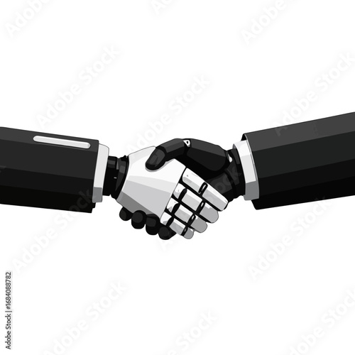 Vector art of human and robot shaking hands, symbolizing partnership and collaboration in technology