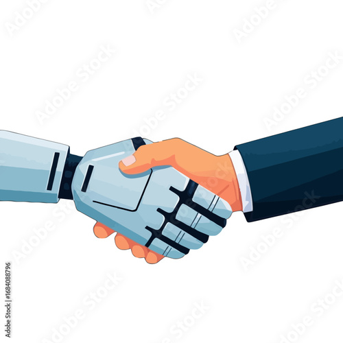 Vector art of human hand and robot hand shaking hands, symbolizing cooperation and partnership between humans and artificial intelligence