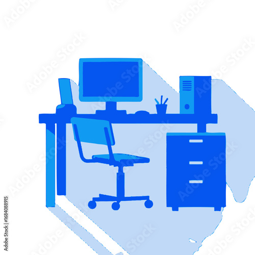 Vector art of modern blue office desk with computer, chair, and filing cabinet