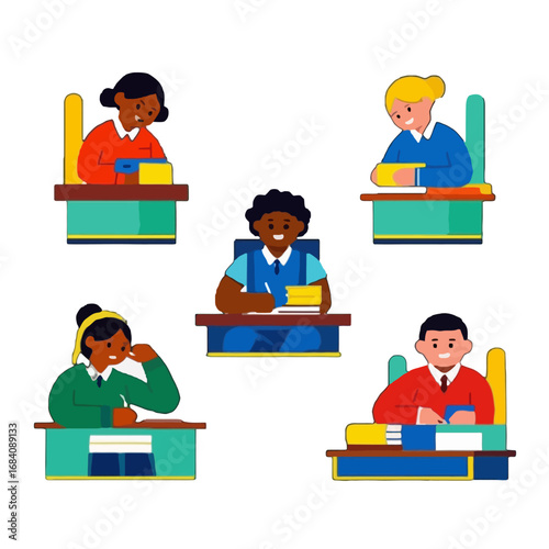 Vector art of diverse group of children sitting at desks, engaged in learning activities