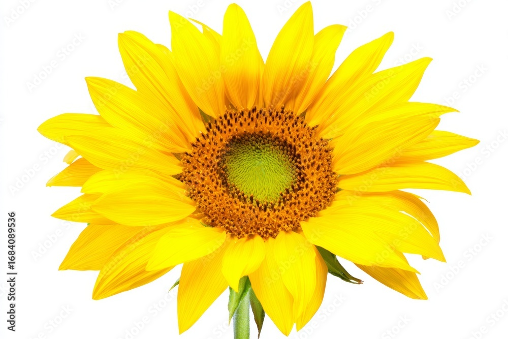 Fototapeta premium Vibrant yellow sunflower with green center isolated on white background