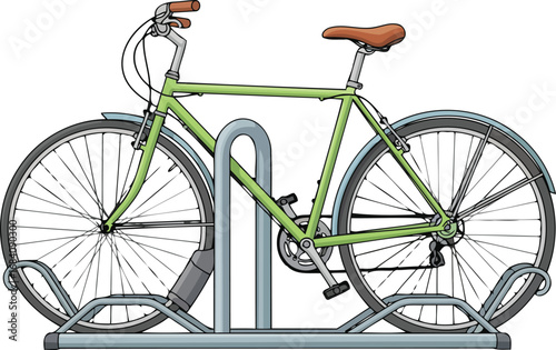 light green bicycle securely parked on modern rack urban cycling illustration