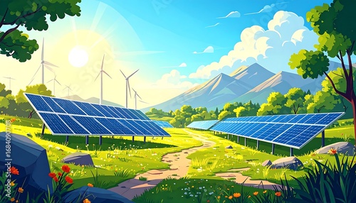 Scenic landscape with solar panels and wind turbines