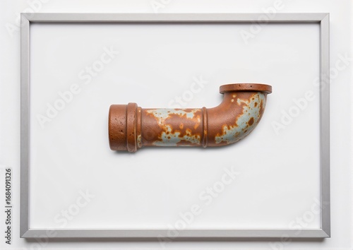 Rusty pipe in framed display against a white background  