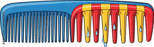 colorful striped wet comb detailed illustration of a blue and red hair comb with water droplets