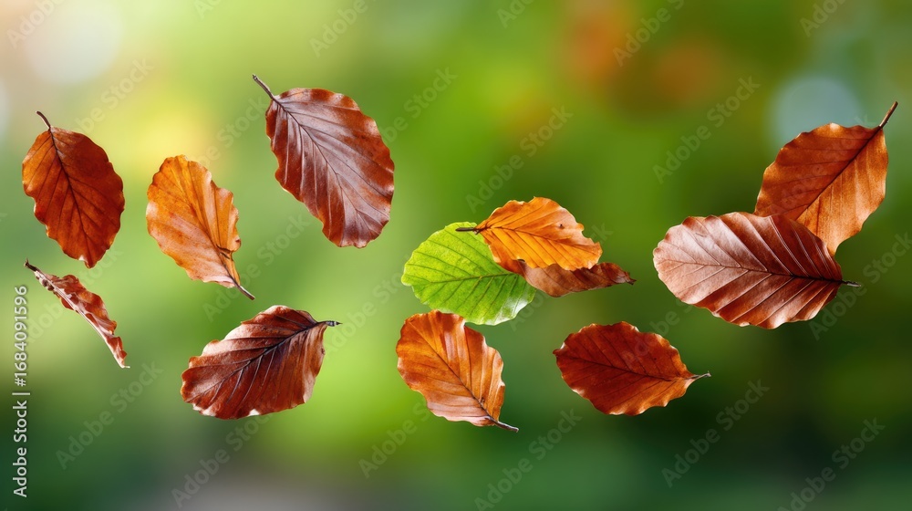 Obraz premium Colorful autumn leaves float gracefully in the air, showcasing a blend of vibrant reds, greens, and browns against a soft green background