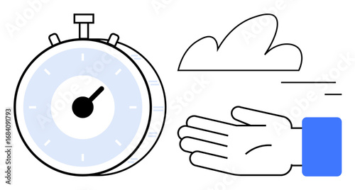 Stopwatch tracking time, cloud suggesting motion, hand symbolizing action. Ideal for productivity, efficiency, deadline, time-saving, motion, task management simple landing page