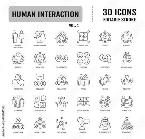 Human Interaction Line Icon set. Containing communication, connection, relationships, and more. Editable stroke. Vector illustration