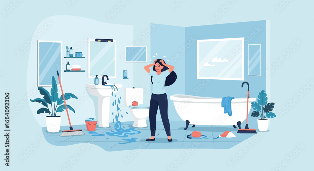 Fototapeta premium Stressed Woman Dealing with Bathroom Water Leakage