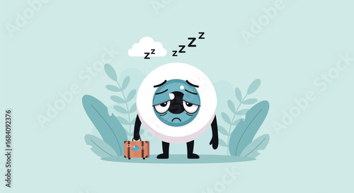Tired Character with Sleepy Eyes and Luggage