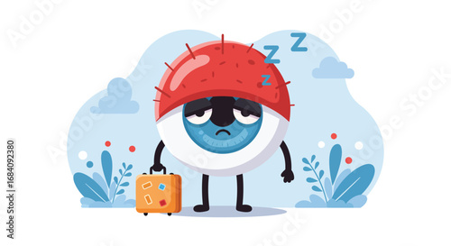 Tired Character with Sleepy Eyes and Luggage