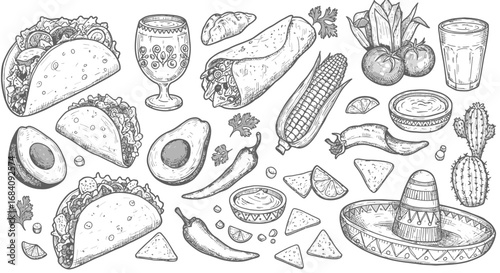 Hand-drawn doodle illustration of Mexican food and culture elements