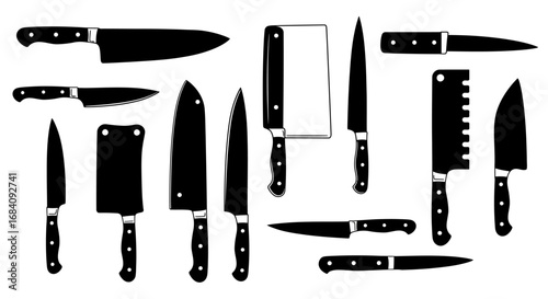 A set of black silhouette kitchen knives with detailed handles