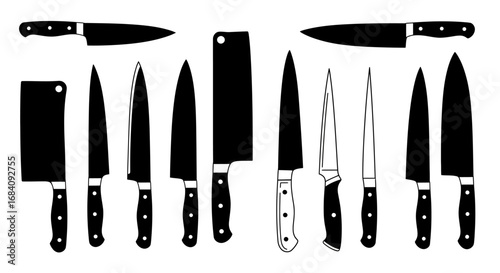 A set of black silhouette kitchen knives with detailed handles
