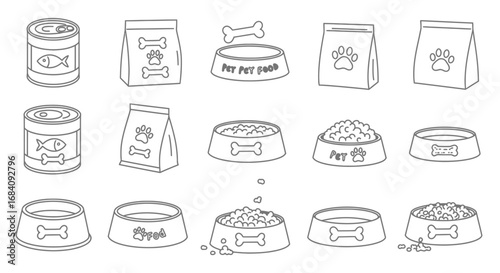 A collection of black outline icons of pet food and feeding bowls