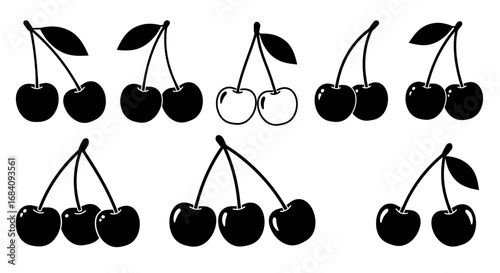 Black and white silhouette illustration of cherries in different styles