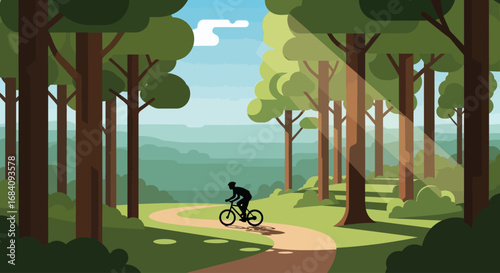 Silhouette of cyclist on a scenic forest trail, sunbeams illuminating the path.
