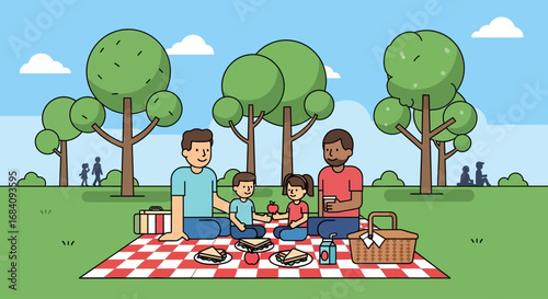 A happy family of two fathers with their son and daughter enjoying a picnic on a checkered blanket in a sunny park.