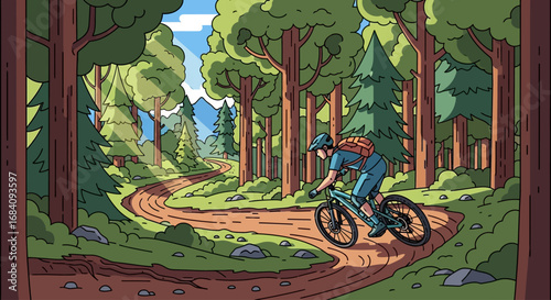 Colorful illustration of a woman mountain biking through a sunlit forest trail.