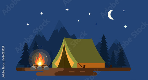 A cozy campsite under a starry night sky, featuring a glowing campfire next to a tent, with silhouetted mountains and pine trees in the background.