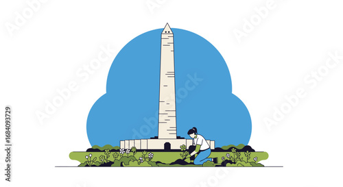 A flat illustration of the Washington Monument with a person kneeling and gardening in a green landscape under a blue sky.