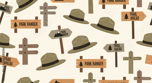 Seamless pattern featuring park ranger hats and wooden trail signs on a light background.