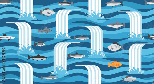 An illustration showing numerous fish swimming amidst stylized blue waves and vertical waterfalls. One fish is a contrasting orange color.