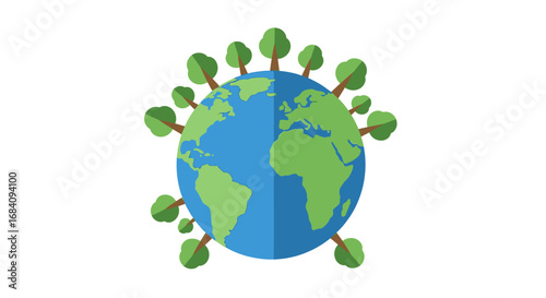 Planet Earth globe covered with green trees symbolizing environmental conservation, sustainability, and a healthy ecosystem.
