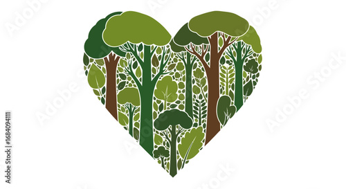 A vibrant heart shape formed by a diverse collection of lush green trees and foliage, symbolizing love for nature and environmental preservation.