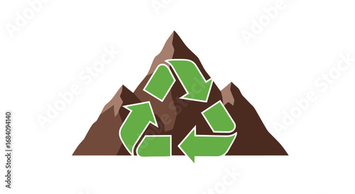 A stylized depiction of a mountain range with a prominent green recycling symbol superimposed on its peak, symbolizing environmental preservation and sustainable practices.
