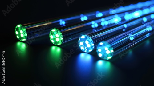 Illuminated, cylindrical tubes with glowing dots.