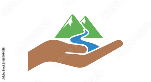 A stylized illustration depicts a human hand gently cradling a vibrant blue river flowing between two green, snow-capped mountains.