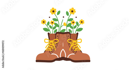 A pair of brown hiking boots used as a planter for blooming yellow sunflowers.