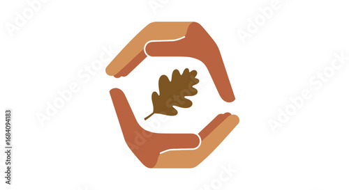 Two cupped hands gently protecting a single brown oak leaf, symbolizing care and environmental preservation.