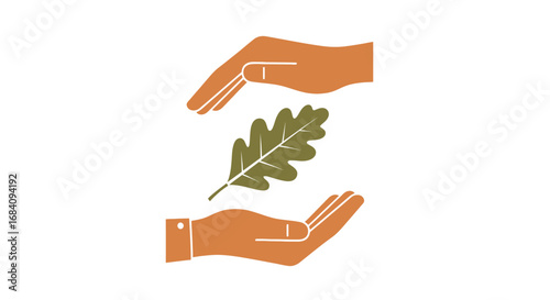 Two cupped hands gently protect a single green oak leaf, symbolizing care and preservation of nature.
