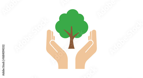 A graphic illustration of two hands cupping and protecting a vibrant green tree.